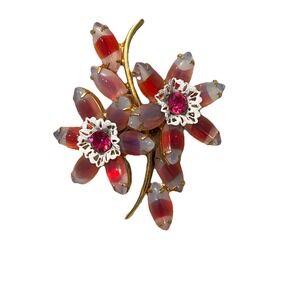 Pink Rhinestone Givre Molded Brooch Layered AB Flower Spray Prong- Juliana Style
